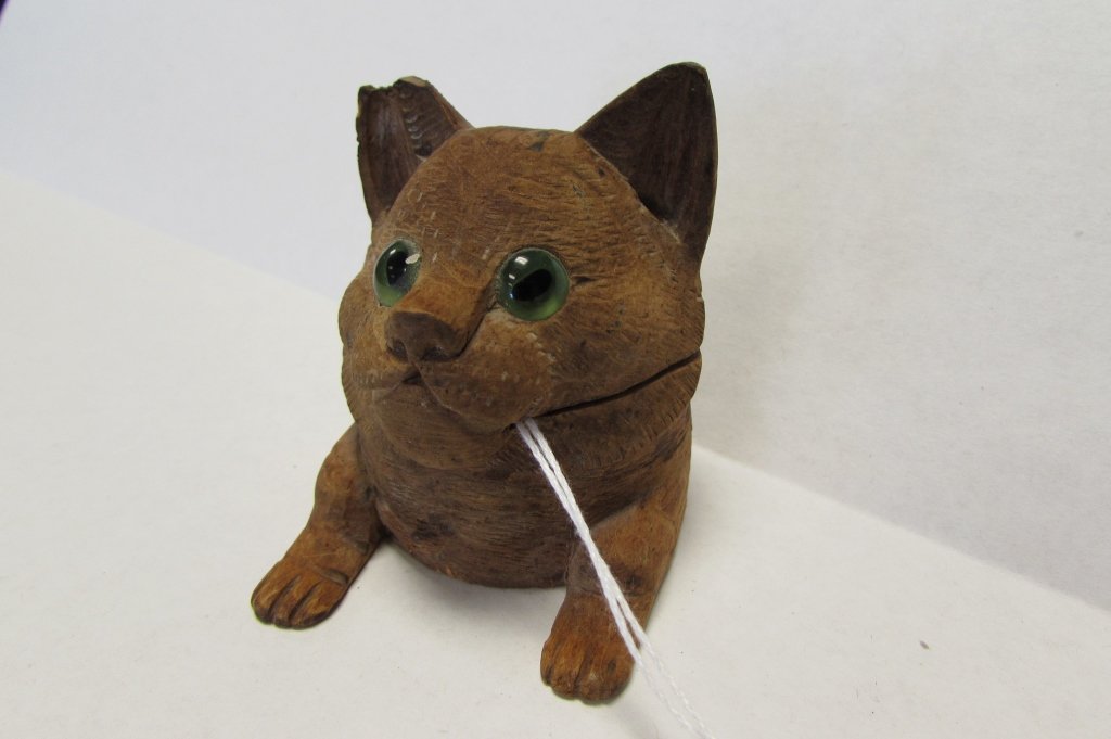 Black Forest Cat Carved Wood Inkwell: 3.678. Glass eyes... 2.5" tall. Some chips.