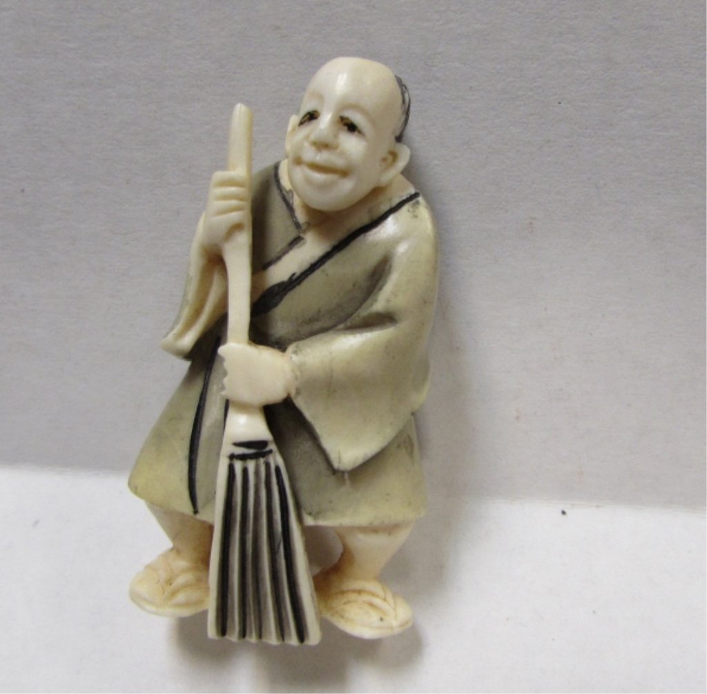 Signed Ivory Netsuke Shopkeeper: 3.766. Genuine ivory. Measures 2" tall. NO International & NO Caifornia Shipping.
