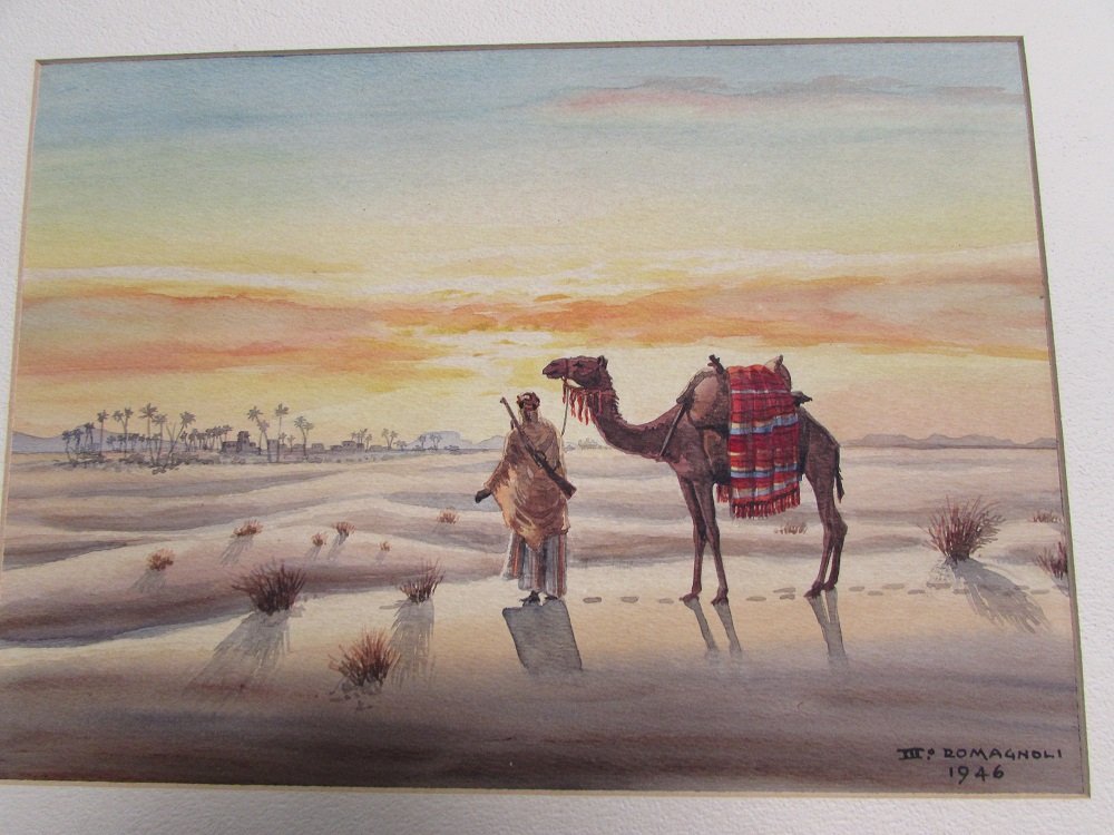 ORGINAL GIOVANNI ROMAGNOLI 1946 WATERCOLOR: 2.0. GIOVANNI ROMAGNOLI (1893-1976). ERITREA MAN WITH RIFLE & CAMEL. FRAMED AFRICAN & ARABIAN DESERT SCENE. IMAGE IS 12.5" X 9". FRAME IS 18" X 15".