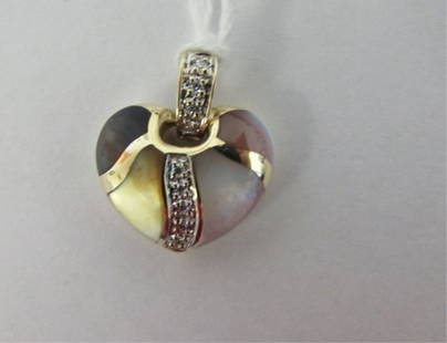 14K GOLD DIAMOND & MOTHER OF PEARL PENDANT: 2.0 14K GOLD DIAMOND & MOTHER OF PEARL PENDANT MEASURES 3/4" LONG AND WEIGHS 3.4 GRAMS HAS 4 DIFFERENT NATURAL COLORS OF MOTHER OF PEARL AND 9 BEAUTIFUL VS CLARITY DIAMONDS 0.05ct EST WEIGHT