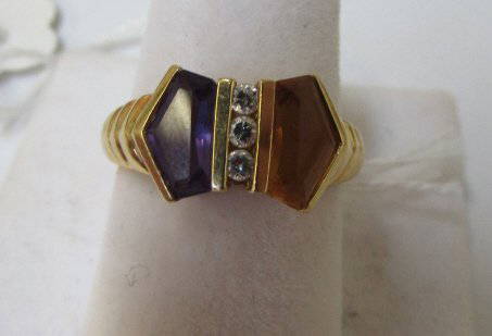 18K GOLD DIAMOND AMETHYST CITRINE RING SZ 6-3/4: 2.0 18K GOLD DIAMOND AMETHYST CITRINE RING SZ 6-3/4 WEIGHS 4.5 GRAMS