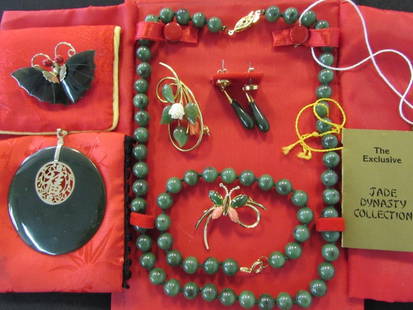 7 PC JADE & CORAL CHINESE JEWELRY SET: 2.0. THREE BUTTERFLY BOUQUET BROOCH PINS, ONE PAIR TEARDROP EARRINGS, ONE DISK PENDANT, ONE BRACELET, ONE NECKLACE. ALL GOLD-FILLED & GENUINE JADE.