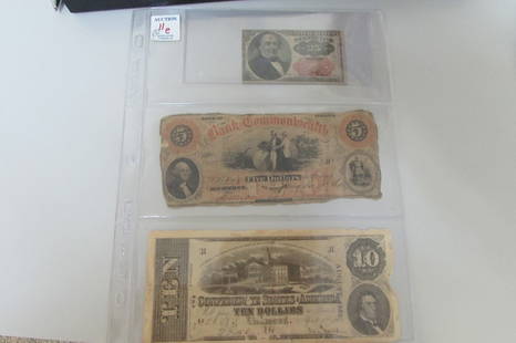 3 NOTES FRACTIONAL CONFEDERATE BANK: 2B GROUP OF 3 OLD US NOTES 1874 FRACTIONAL, 1863 CONFEDERATE & 1861 BANK NOTE.