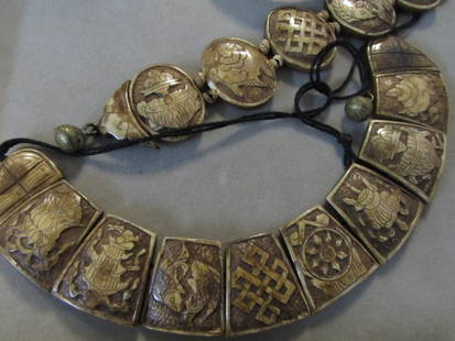 Antique Scenic Ivory Bracelet & Matching Necklace: 2.0. Chinese ivory or bone. Bracelet 7", necklace 18".