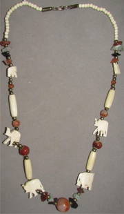 12" Gemstone & Ivory Necklace: 2.0. Red, black & green polished agate gemstones with ivory or bone elephants beads