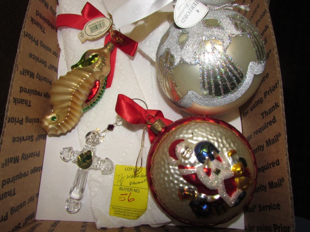 4 PC WATERFORD CHRISTMAS ORNAMENTS & CRYSTAL CROSS: 77.8. SILVER GLOBE, SANTA PRESENT SCENE, SEAHORSE. EACH ABOUT 4" TALL. PLUS CRYSTAL CROSS WITH TAG