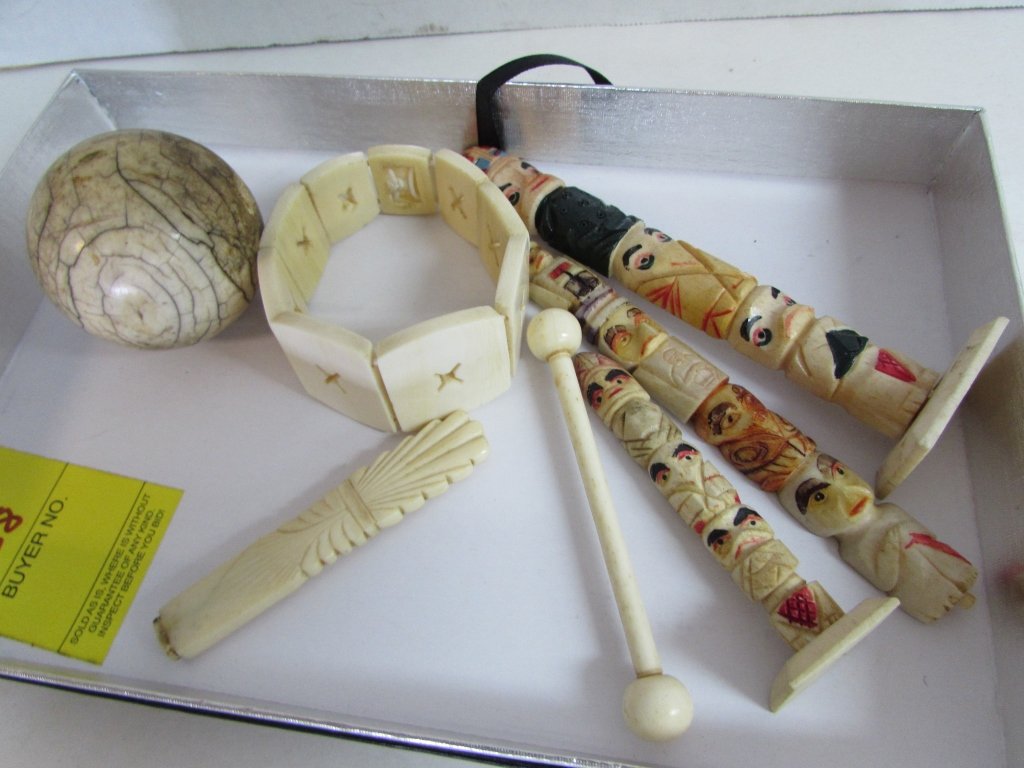 7 PC Ivory Lot Cue Ball Totems Knife Rest Bracelet: 2.0. largest totem is 7". some may be bone. cue ball is antique ivory.