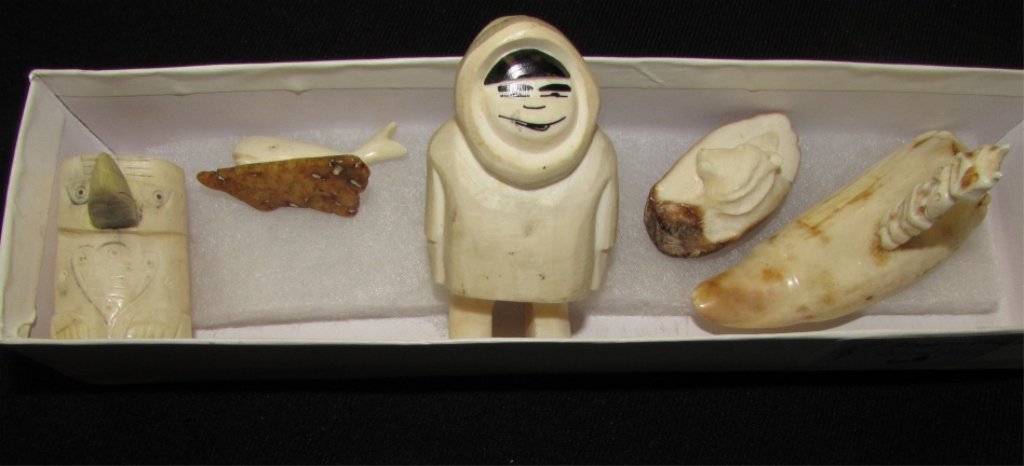 5 PC Alaskan Walrus & Whale Ivory Figurines: 2.0. Eskimo inuit, sperm whale, and two totem figures, all carved ivory, and mostly walrus and whale ivory and whale tooth.