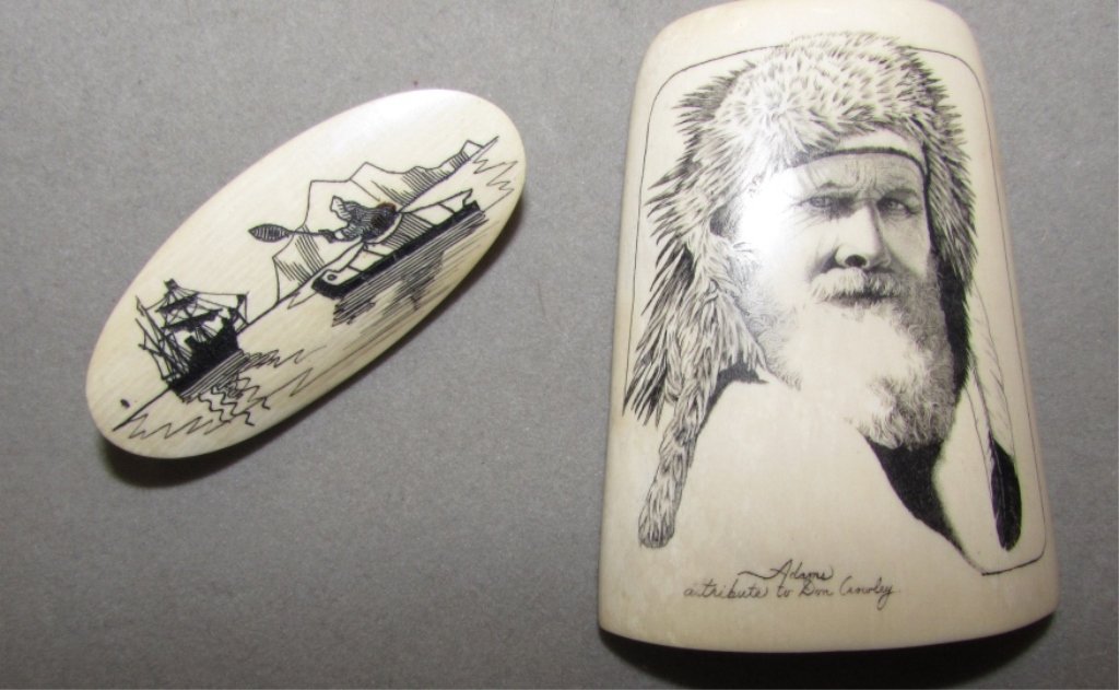2 PC Alaskan Walrus Ivory Carved Scenes Pin: 2.0. Pin by Nuguruk, trapper portrait by Adams after Don Crowley, eskimo inuit.