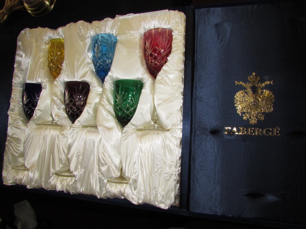6 FABERGE ODESSA CRYSTAL GLASSES NEW IN BOX: 5.156. SIX SIGNED FABERGE MULTI COLOR 8 3/4 INCH TALL WINE GLASSES. YELLOW, BLUE, RED, COBALT, AMETHYST AND GREEN. NEW IN ORIGINAL FITTED BOX.