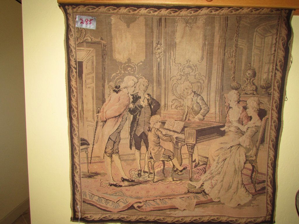 FRENCH TAPESTRY ANTIQUE WALL HANGING HANDMADE 3X3: 2.0. SIGNED "MADE IN FRANCE" ANTIQUE TAPESTRY. MEASURES 3FT 1 INCH BY 3 FT 3 INCH.