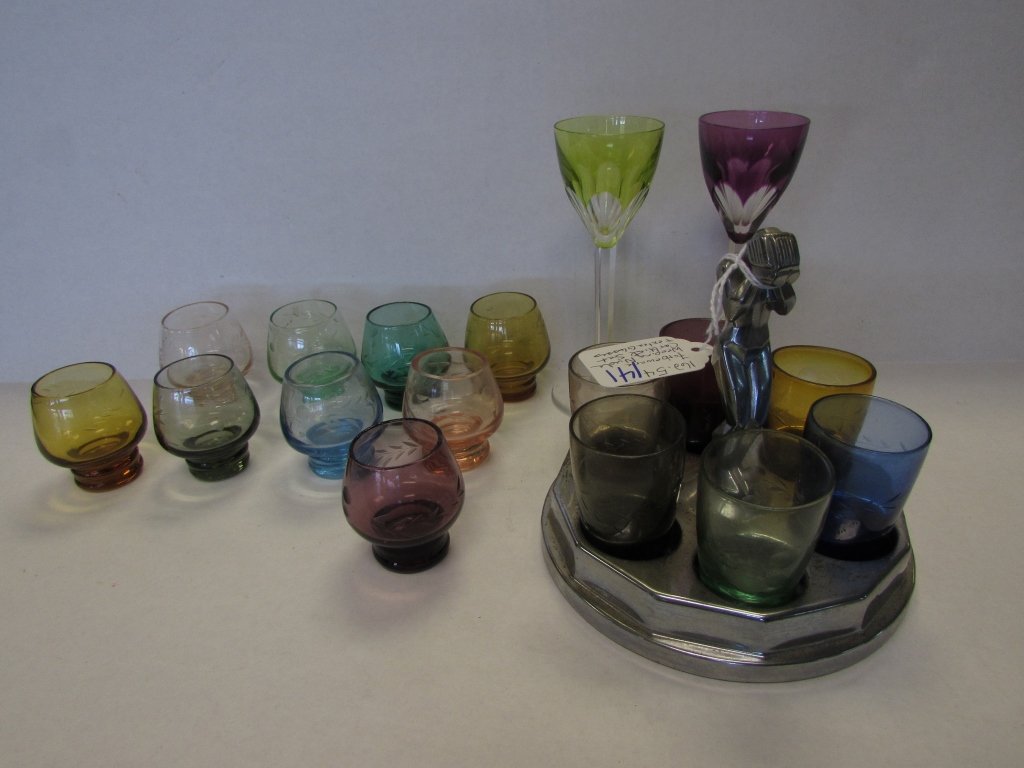 FARBERWARE WEEPING NUDE CORDIAL SET + 11 GLASSES: 162.54. VINTAGE ESTATE SIGNED "FARBERWARE BROOKLYN, NY" WEEPING NUDE CORDIAL SET WITH MULTI COLOR ETCHED GLASSES. PLUS 8 MORE ETCHED CORDIAL AND TWO 5" TALL LONG STEM MOSER CORDIALS.