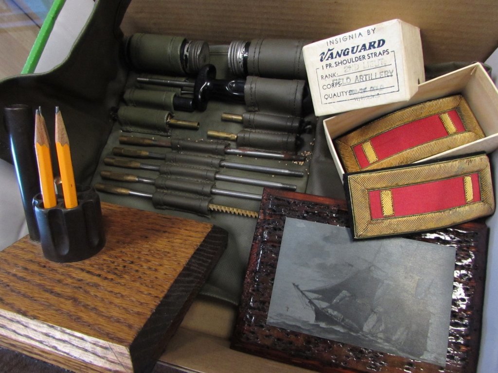 4 PC Military Lot- US Issue Gun Cleaning Kit: 157.38. Colt DA 41 revolver hand made pen holder. Vanguard shoulder boards, gun cleaning kit. 19th Century ship engraving plate.