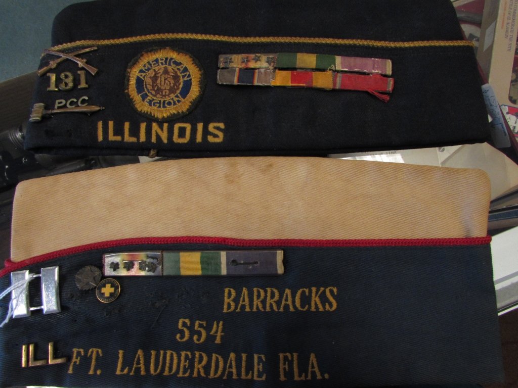 US WWI PAIR NAVY CAPS, MEDALS, PINS BARS BADGES: 118.46. NINE BARS AND VARIOUS OTHER HAT BADGES & PINS. CAP MARKED USA VETERANS OF WORLD WAR 1