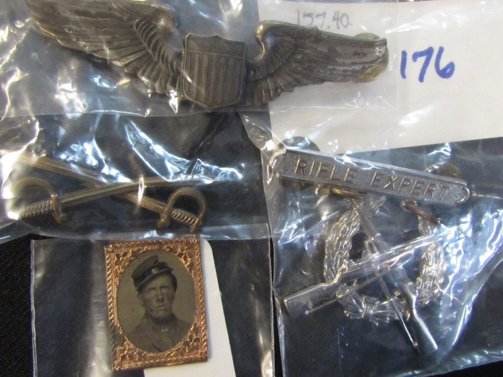 4 PC US WWII BADGES & MEDALS USAF & TINTYPE: 157.40. INCLUDES A CIVIL WAR MINIATURE TIN TYPE. CROSSED SABRES PIN. SILVER FILLED RIFLE EXPERT. SILVER SHIELD WINGS PIN.