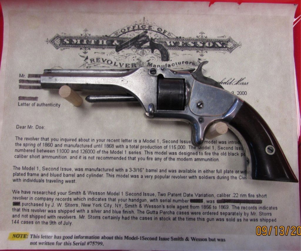 SMITH & WESSON 1868 7 SHOT REVOLVER MODEL 1 GUN: 48.28 MADE IN SPRINGFIELD SERIAL NUMBER 7579X 7" LONG