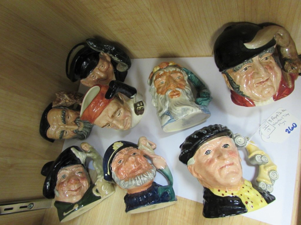 8 PC ROYAL DOULTON SMALL TOBY MUG JUG: 162.13: D6552 LTD NEPTUNE; D6554 LTD OLD SALT; D6579 LTD BOOTMAKER; D6636 LTD TAM O'SHANTER; D6620 LTD LOBSTER MAN; D6536 LTD MERLIN; D6844 PEARLY KING BY JAMES TAYLOR; D6538 LTD GONE AWAY. ALL MUGS A