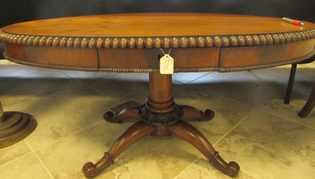LATE 18th CENTURY COFFEE SOFA TABLE: 159.42 LATE 18th CENTURY COFFEE TABLE. SOLID WOOD OVAL WITH A CARVED BEADED EDGE. WITH A DRAWER. MEASURES 20" TALL x 23" DEEP BY 43" WIDE.
