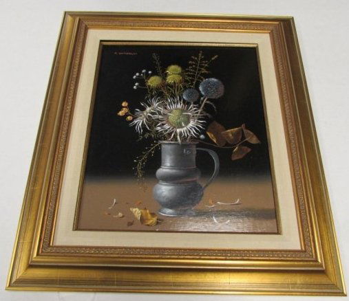 PIERO ANTONELLI FLORAL OIL ON BOARD PAINTING.: 172.1 PIERO ANTONELLI SIGNED, FRAMED FLORAL OIL ON BOARD PAINTING. APPROX. 17 1/4" x 15 3/8" (INCLUDING FRAME.)
