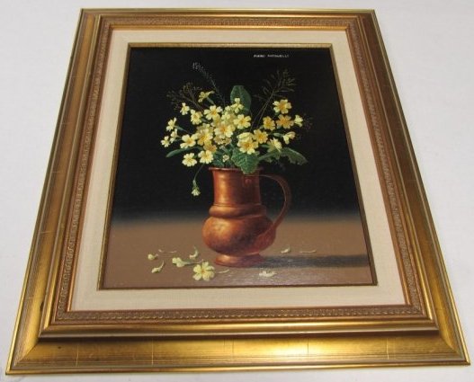 PIERO ANTONELLI FLORAL OIL ON BOARD PAINTING: 172.2 PIERO ANTONELLI FLORAL OIL ON BOARD PAINTING. SIGNED. APPROX. 17 1/4" x 15 3/8" (INCLUDING FRAME).