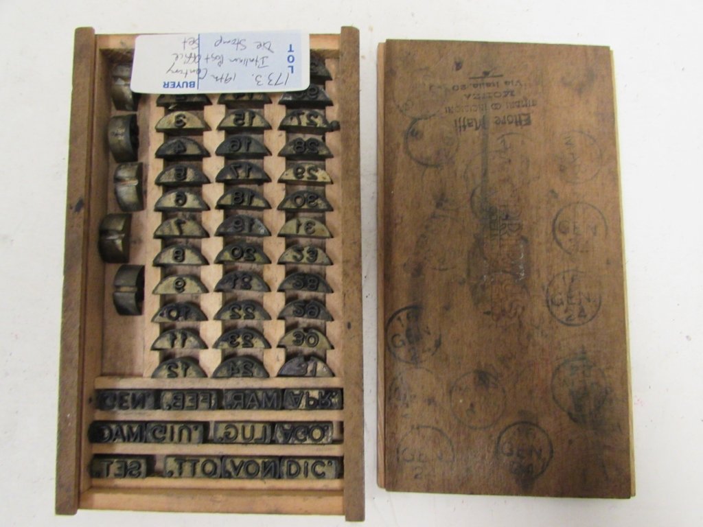 19TH CENTURY ITALIAN POST OFFICE DIE STAMP SET: 173.3 19TH CENTURY ITALIAN BRASS POST OFFICE DIE STAMP SET. OVER 50 PIECES, IN WOODEN STORAGE BOX.