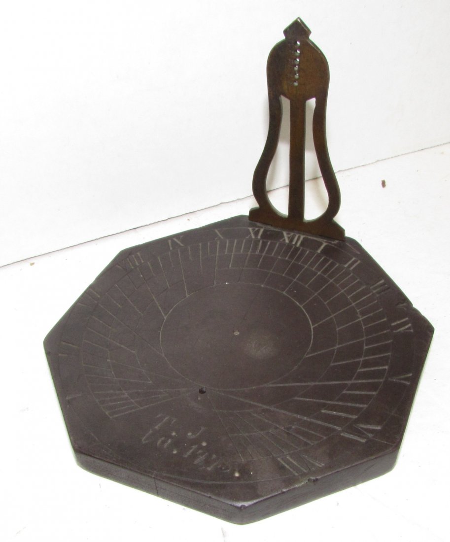 THOMAS JEFFERSON SUNDIAL 1775 ENGRAVED RARE: 149.37 THOMAS JEFFERSON SLATE STONE SUN DIAL (1775) ENGRAVED "T.J. VA 1775. THIS IS A RARE & IMPORTANT PIECE. THOMAS JEFFERSON, FAMOUS FOR HIS INTEREST IN MATH & NATURAL SCIENCES; KNOWN FOR MAKING SUN
