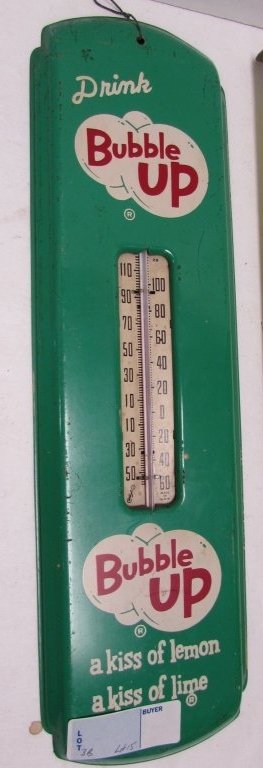 BUBBLE UP SODA THERMOMETER SIGN ADVERTISING: 3.0 VINTAGE PORCELAIN TIN BUBBLE UP SODA THERMOMETER / AD SIGN. MEASURES 17" TALL X 5" WIDE (WORKS) MADE IN U.S.A.
