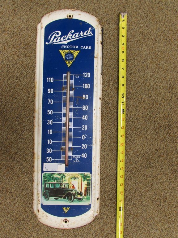 PACKARD THERMOMETER TIN SIGN ADVERTISING: 3.0 VINTAGE PORCELAIN PACKARD THERMOMETER / AD SIGN. MEASURES 27" HIGH X 8" WIDE (WORKS).