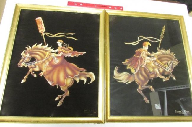 2 FRANK Y ODA HAWAII PAINTINGS SIGNED IN FRAME.: 2.0 TWO (2) FRANK Y ODA HAWAII PAINTINGS "BLACK VELVET" MAN ON HORSE & LADY ON HORSE. SIGNED IN WOODEN FRAME. ONE HAS GLASS, ONE DOES NOT. HAWAIIANA & MID CENTURY MODERN STYLE. EACH IS 21.5" x 17.5" (
