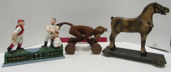 STEIFF MONKEY & HORSE PULL TOY BASEBALL COIN BANK: 2.0. TWO RARE FINDS, ORIGINAL ANTIQUE TOYS: STEIFF MONKEY & HORSE PULL TOYS. WOODEN HORSE WITH HAIR TAIL;MISSING ONE WHEEL. MOHAIR MONKEY w/ METAL FRAME AND WOODEN WHEELS, MARKED "MADE IN GERMANY". PL