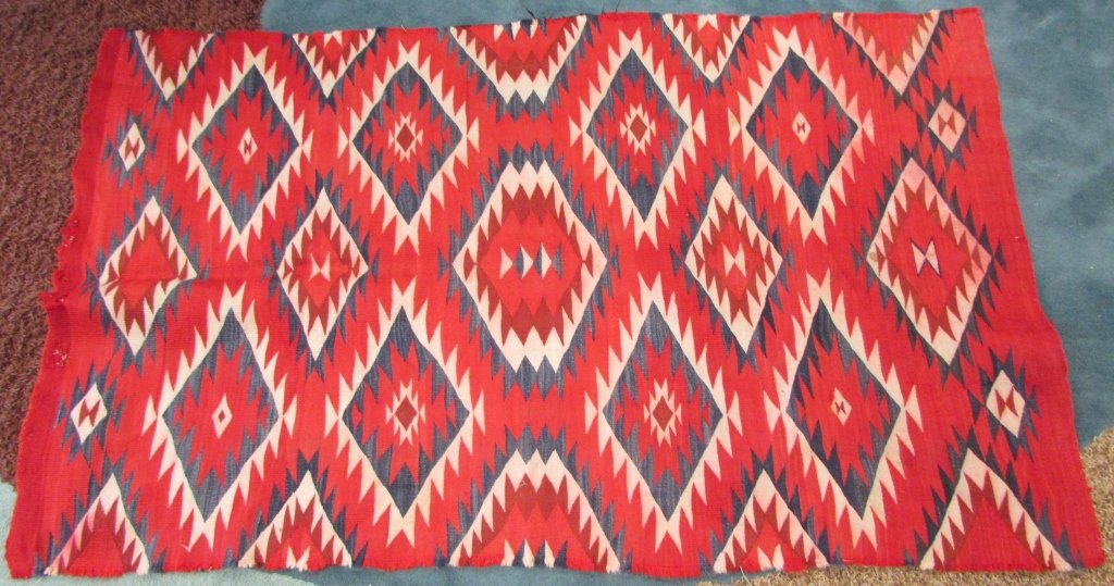 ANTIQUE NAVAJO BLANKET WEAVING RUG 67" X 44": 149 NAVY BLUE, RED & CREAM NAVAJO RUG. POSSIBLE THIRD PHASE CHIEF'S BLANKET. NATIVE AMERICAN CARPET. MEASURES 67" X 44"