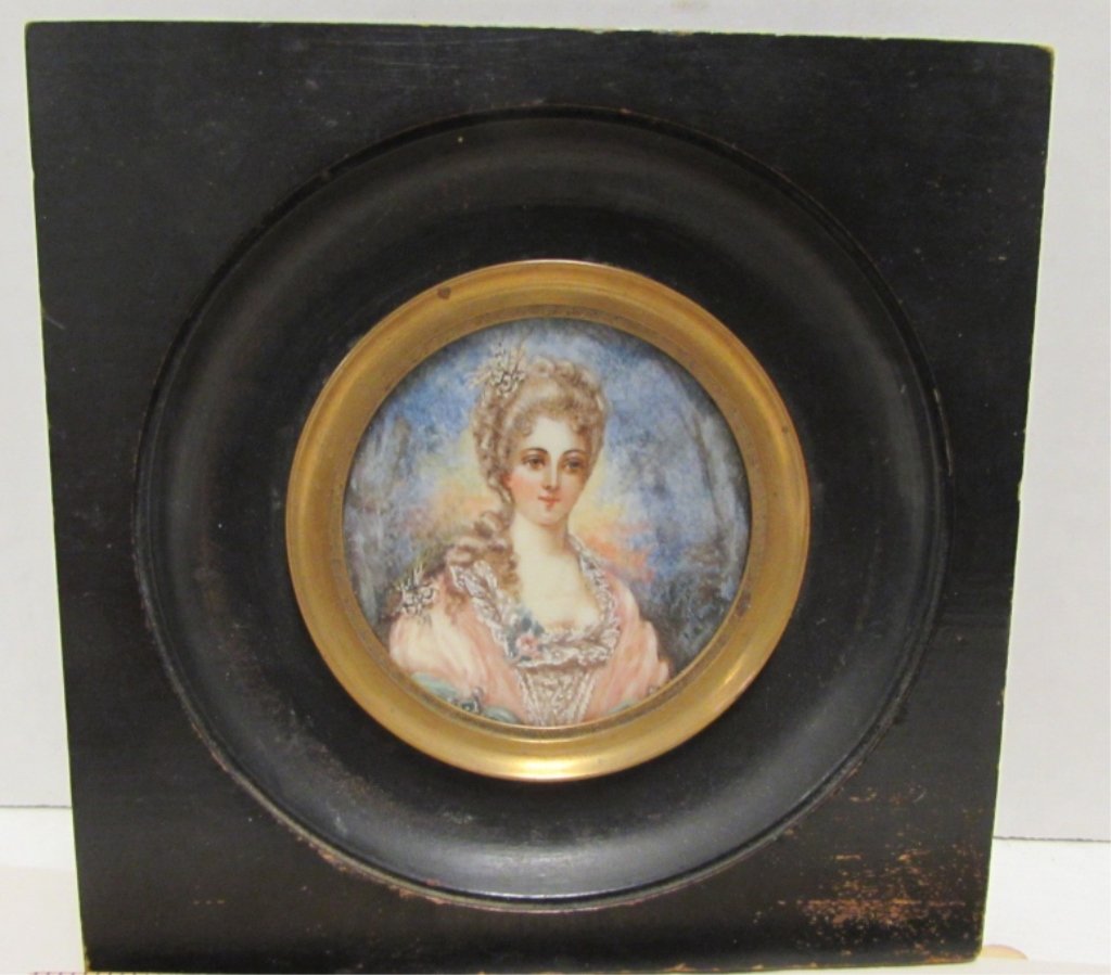 MINI PORTRAIT PAINTING ON IVORY FRENCH ANTIQUE: 159.63 PAINTING ON IVORY MINIATURE PORTRAIT. PAINTING IS 2 1/4" DIAMETER, 4.75" INCLUDING WOOD FRAME. NO SALES OF IVORY TO CALIFORNIA OR INTERNATIONAL.