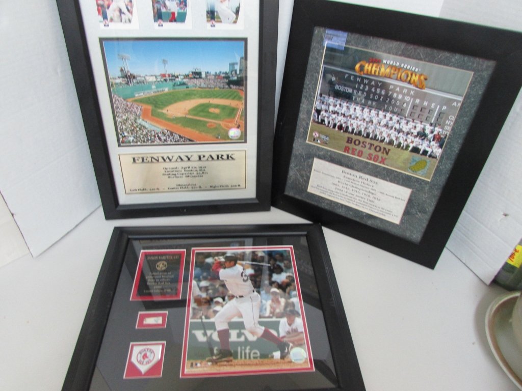 3 BOSTON RED SOCKS JASON VARITEX FENWAY PARK 2004: 3.0 FRAMES. 2004 BOSTON RED SOX ROSTER PICTURE AND FRANCHISE STATISTICS MLB HOLOGRAM 8" X 10" JASON VARITEK #33 LTD ED 102/500 PHOTOGRAPH W/ PIECE OF OFFICIAL GAME BALL W/COA 15" X 17" FENWAY PARK BOS