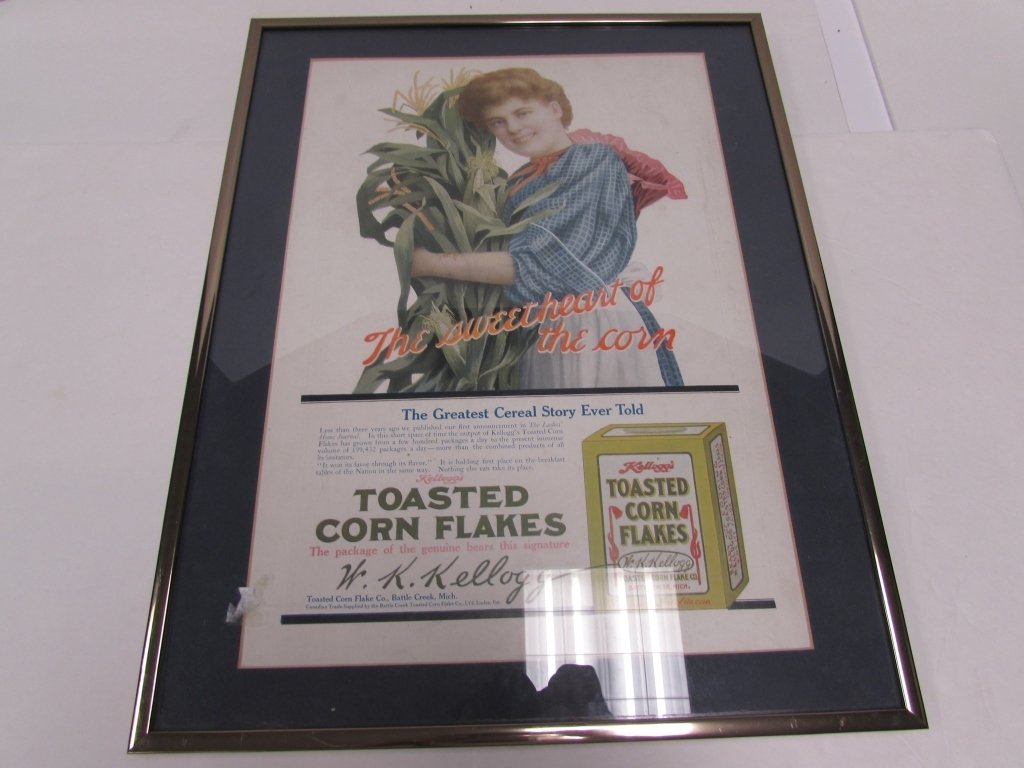 KELLOGG'S ADVERTISEMENT ANTIQUE 1909: 3.0 ANTIQUE FRAMED KELLOGG'S AD PICTURE. METAL & GLASS FRAME. PICTURE IS 17.5" x 13.5". INCLUDING FRAME - 14.5" x 18.5".