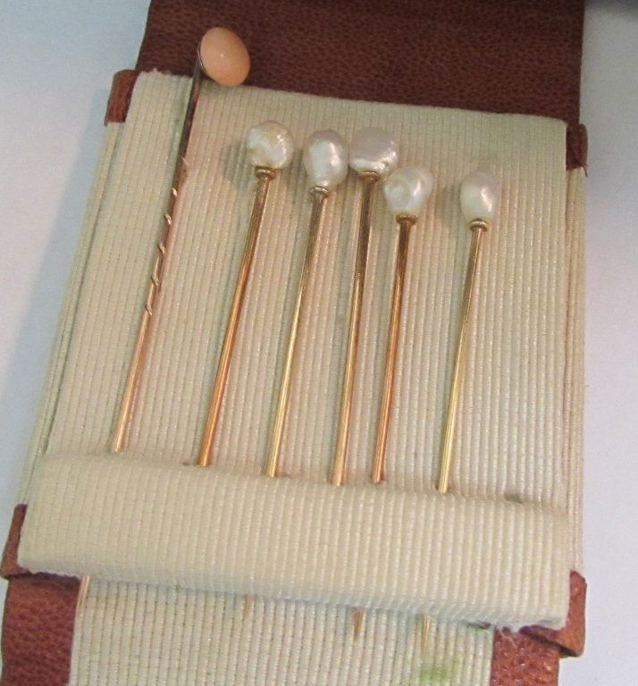 6 14K PEARL AND CORAL HEMMING PINS IN CASE: IDEAL FOR THE COLLECTOR OF SEWING MEMORABILIA: 14K GOLD PINS 1 1/2 INCH LONG 6 PCS. IN LEATHER POUCH