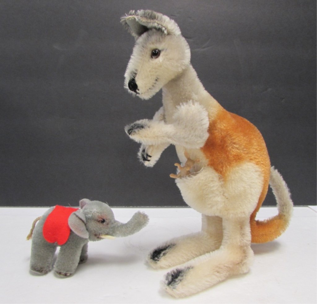 STEIFF KANGAROO ELEPHANT STUFFED ANIMAL LOT: 3.0 STEIFF STUFFED ANIMAL LOT. ELEPHANT w/ HOWDAH, & KANGAROO FLYER.