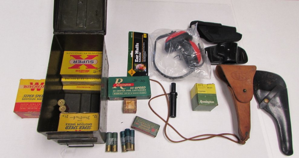 GUN LOT AMMO EARMUFFS HOLSTERS DUCK CALL METAL BOX: 187.19 EAR MUFFS - NEW IN PACKAGING, LEATHER & SYNTHETIC HANDGUN/PISTOL HOLSTERS, 30-30 REMINGTION AMMUNITION, 20 GAUGE/12 GAUGE/16 GAUGE SHOTGUN SHELLS, .WINCHESTER 32 POWER-POINT, 6.35mm, 410, 25 AU