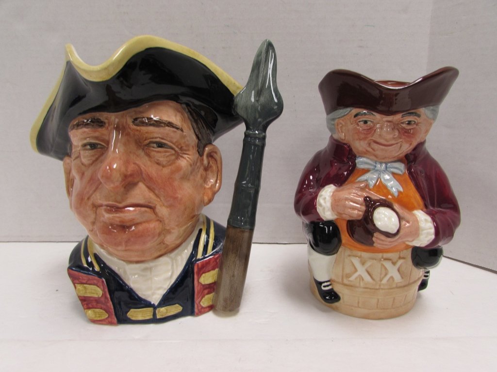 ROYAL DOULTON MUGS GUARDSMAN & TOBY XX: 134.6 2 ROYAL DOULTON MUGS. CHARACTER JUGS. D6568, GUARDSMAN 8" TALL x 7" WIDE. # 8337, TOBY XX 6.5" TALL x 4.25" WIDE. MADE IN ENGLAND. NO CHIPS OR CRACKS.