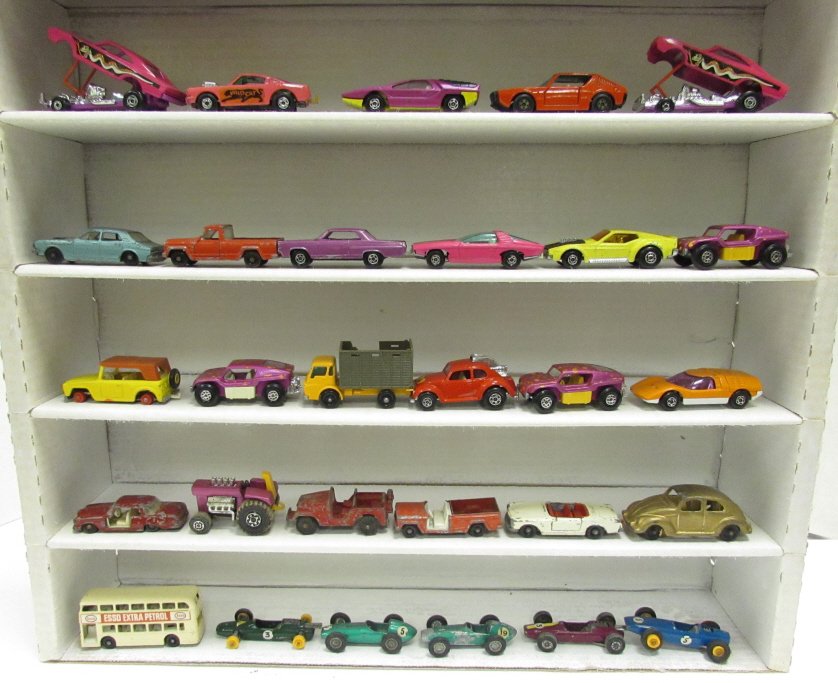29 LESNEY MATCHBOX CAR LOT SUPERFAST NO19: 3.0 29 CARS, 1 BOAT, RACE CARS, BUS, TRUCKS, JEEPS, TRACTOR