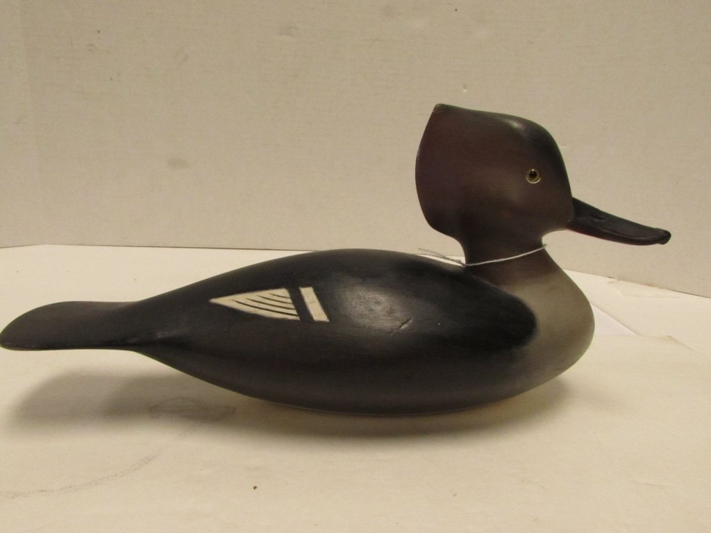 E J PETE PETERSON DUCK DECOY CARVED WOOD 1981: 204.1 SIGNED HAND CARVED & PAINTED DUCK DECOY BY E.J. PETE PETERSON. 1981. 11" LONG. GLASS EYES. CAPE CHARLES, VA.