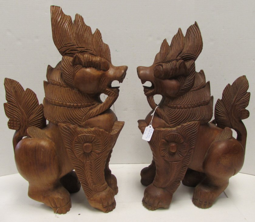 2 DEVIL DOG TEAK WOOD CARVED ASIAN GUARDIAN LIONS: 118.106 HAND CARVED TEAK WOOD DEVIL DOGS CHINESE FU/FOO DOGS. 20.75" TALL & 22" TALL.