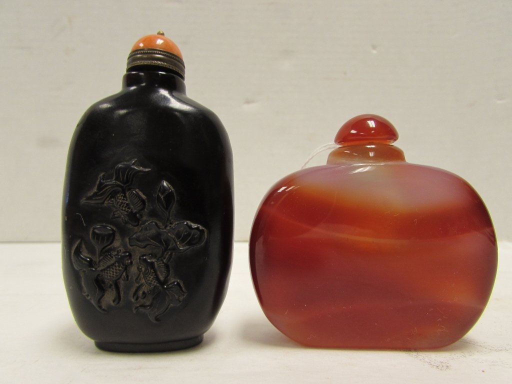 HARDSTONE CARNELIAN SNUFF BOTTLES COY FISH ASIAN: 3.0 2 HARD STONE SNUFF BOTTLES. 2.25" TALL & 3.25" TALL.