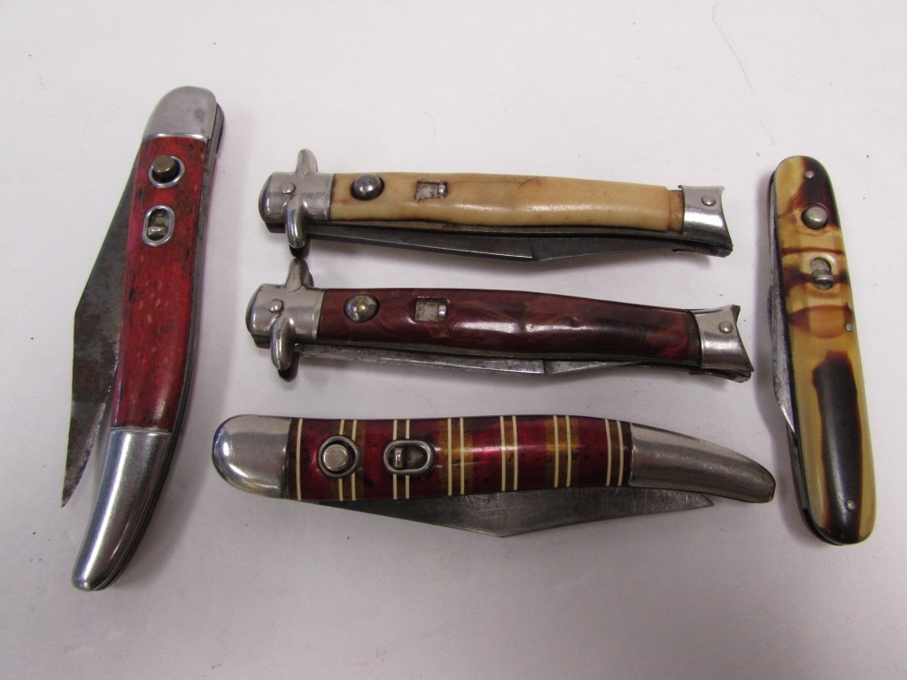 STILETTO KNIFE LOT HAMMER SCHRADE SHUR-SNAP SWITCH: 2.0 LOT OF 5 STILETTO SWITCHBLADE AUTOMATIC FOLDING POCKET KNIVES, HAMMER BRAND (USA) 7.5" OPEN, SHUR SNAP (USA) 7" OPEN, SCHRADE CUT CO. DOUBLE BLADED (BOTH AUTOMATIC) 7" OPEN (USA), HAMMER BRAND (US