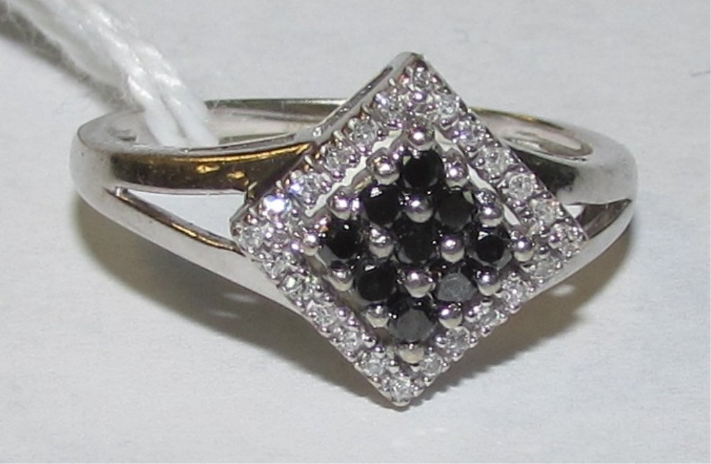 .35CT DIAMOND BLACK & WHITE RING 14K WHITE GOLD: 2.0 SIZE 8. 9 ROUND BLACK DIAMONDS AND 24 ROUND WHITE DIAMONDS