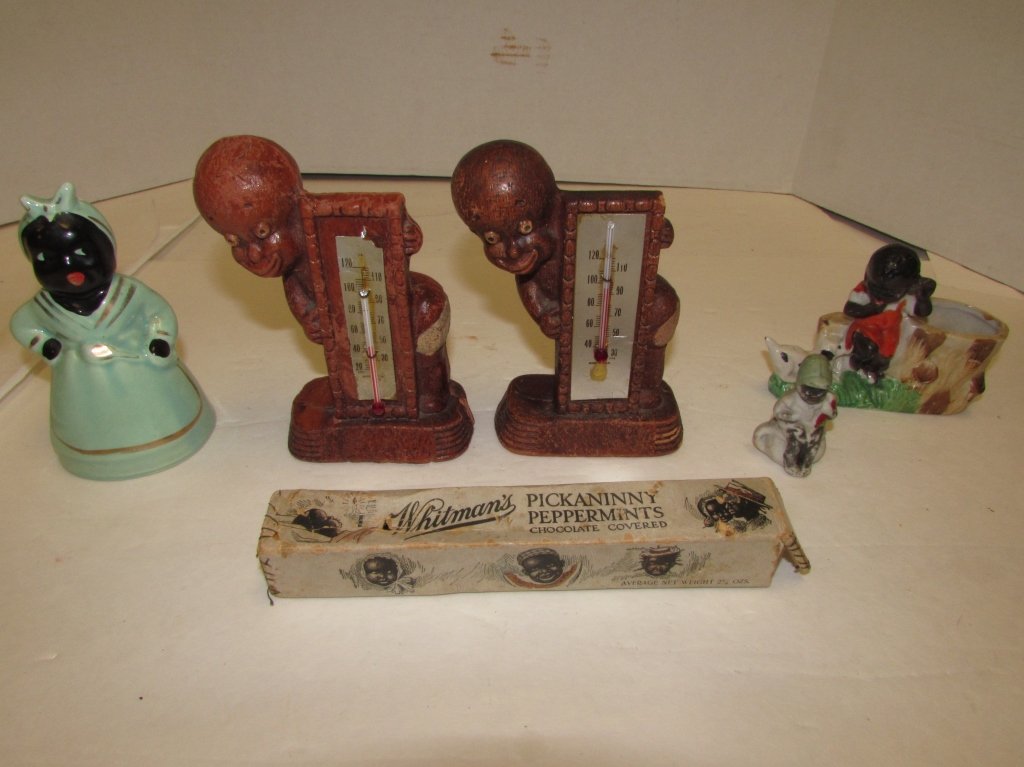 BLACK AMERICANA THERMOMETER SALT SHAKER POT FIGURE: 212.28 6 PIECE LOT: FIGURINES 5" SALT SHAKER, 2" FIGURINE, 3.5" PLANTER POTTER, PICKANINNY PEPPERMINTS 7.25" BOX, 5.5" THERMOMETERS.