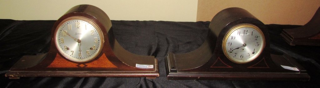 2 MANTLE HUMPBACK CLOCKS SESSIONS & SETH THOMAS: 227.30 SESSIONS CLOCK TIME & STRIKE, 22" WIDE X 10" HIGH - WITH PENDULUM . SETH THOMAS MAHOGANY CASE, TIME & STRIKE, 21" WIDE X 10" HIGH.