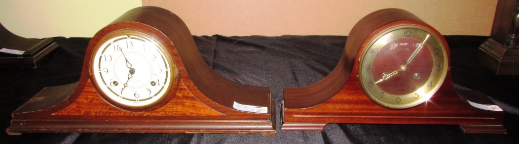 2 HUMPBACK MANTLE CLOCKS LINDEN & NEW HAVEN: 227.31 BOTH CLOCKS ARE TIME & STRIKE WITH PENDULUM & KEYS. LINDEN 16" WIDE X 9" HIGH. NEW HAVEN 19" WIDE X 9" TALL.