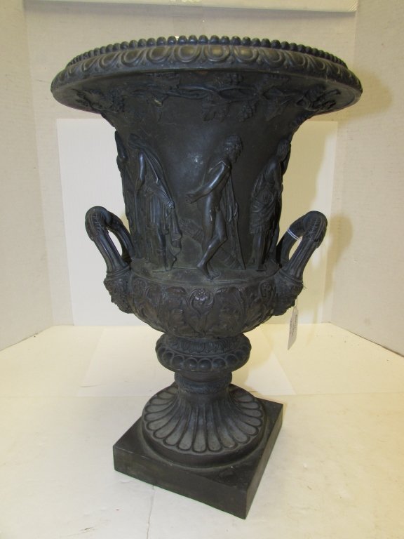 NEOCLASSICAL ANTIQUE BRONZE VASE HIGH RELIEF TAZZA: 225.4 BRONZE MOTIF VASE. 13.5" TALL x 9" WIDE.