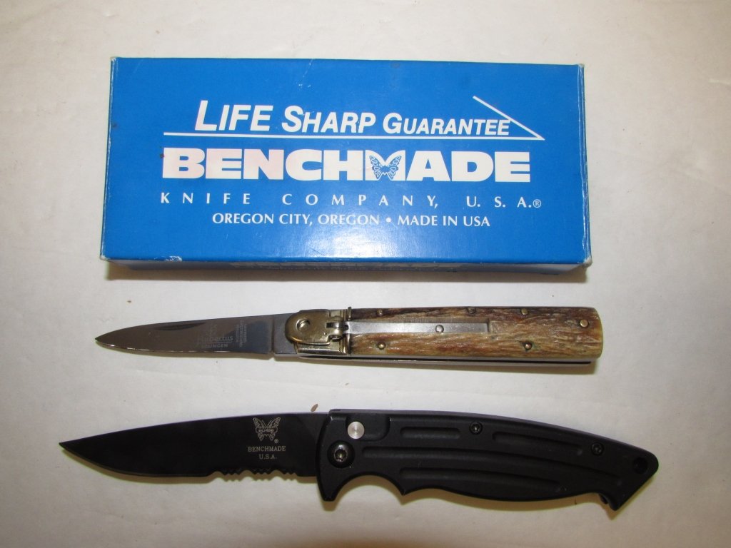 BENCHMADE SWITCHBLADE HUBECTUS SOLINGEN KNIFE: 5.186 2 KNIVES, BENCHMADE 2500 SBT PUSH BUTTON AUTOMATIC OPEN FOLDING KNIFE. BLACK ANODIZED, MACHINED 6061 T-6 ALUMINUM HANDLE w/ POCKET CLIP. 3.16" BLADE, 7.32" OVERALL. INTEGRATED SAFETY. INCLUDES O