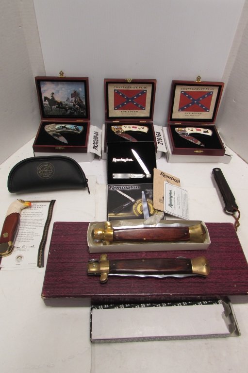 8 KNIVES REMINGTON FRANKLIN AUTOMATIC CONFEDERATE: 212.0 KNIFE 8 pc LOT, REMINGTON MOP, 3 CONFEDERATE COLLECTABLE LOCKING, KA-BAR LOCKING, FRANKLIN MINT COMMEMORATIVE, FOLDING KRIS (2). 6.5" - 14.5" LONG. ALL APPEAR NEW IN BOX.